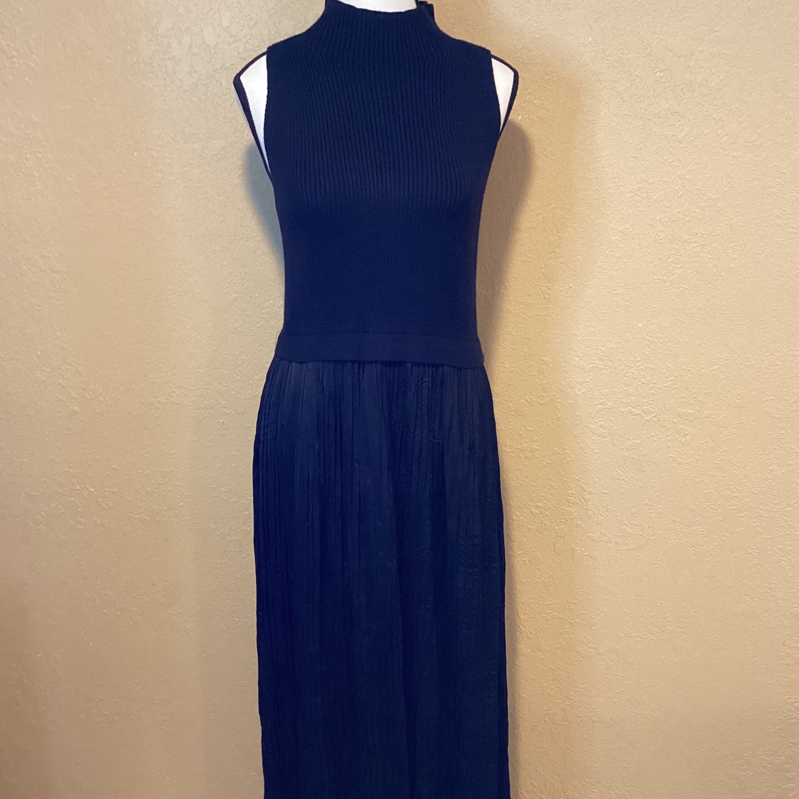 Tribal Femme Black Maxi Dress, Size Medium, Knit Sleeveless Top, Pleated Skirt